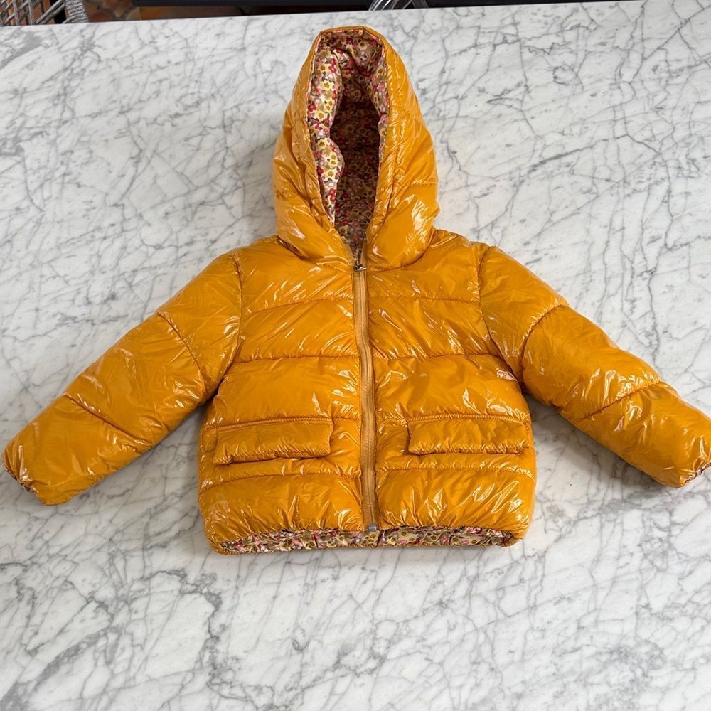 Mayoral Reversible Shiny Yellow Puffer Jacket Floral Sz 4T